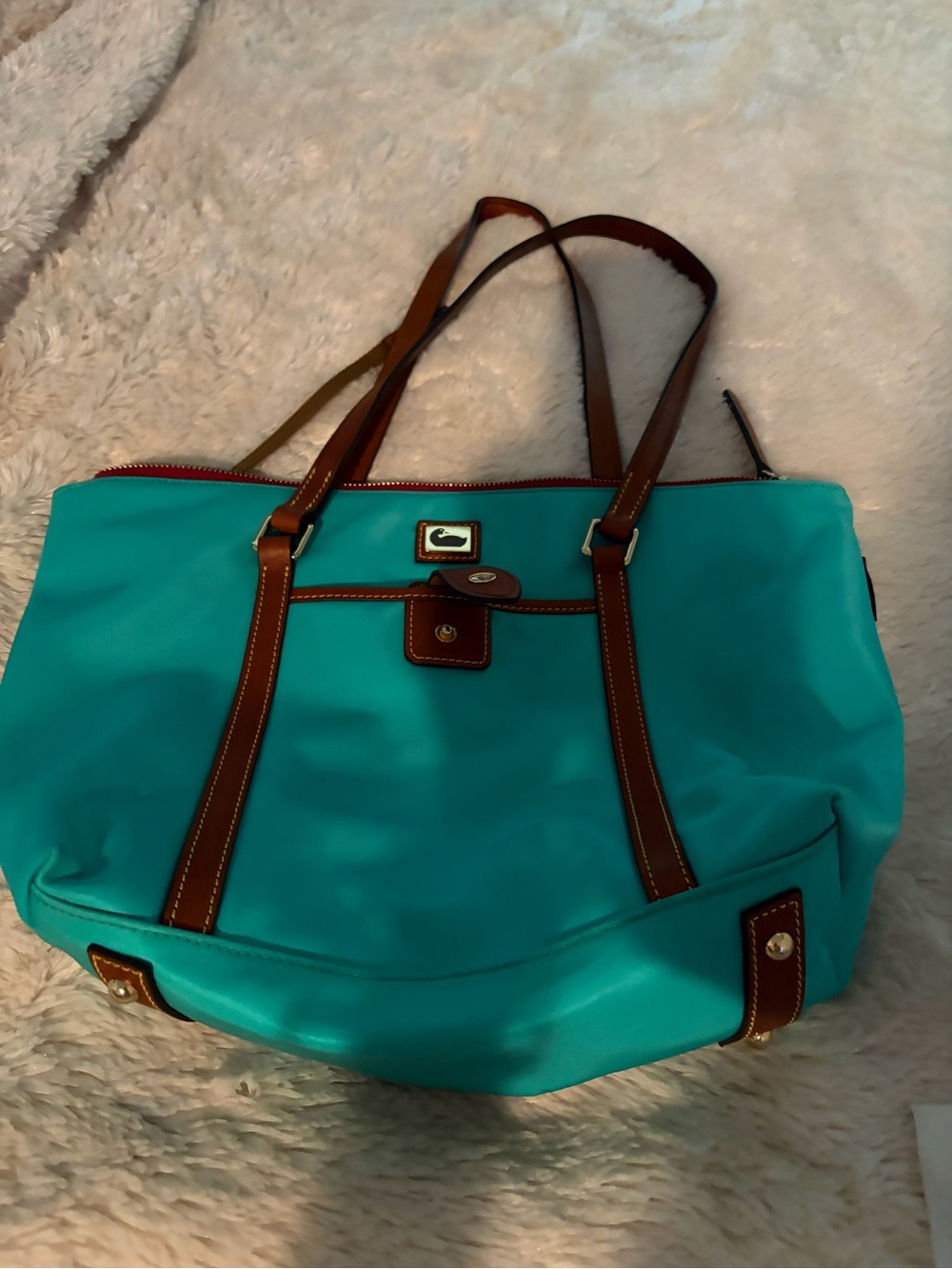 Dooney & Bourke Turquoise Nylon Tote with Brown Leather Trim - Picture 7 of 9